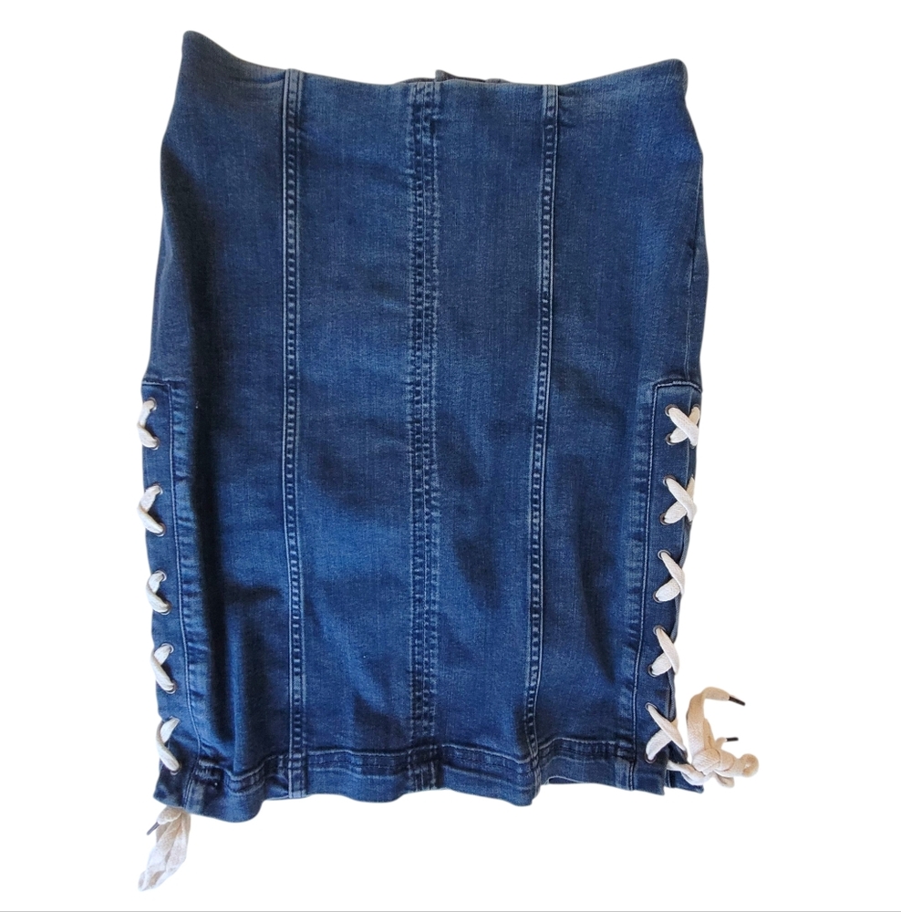 Free People Denim Lace Up Midi Skirt Blue 8